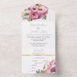 Invitación Todo En Uno Ranunculus rosa y blanco romántico