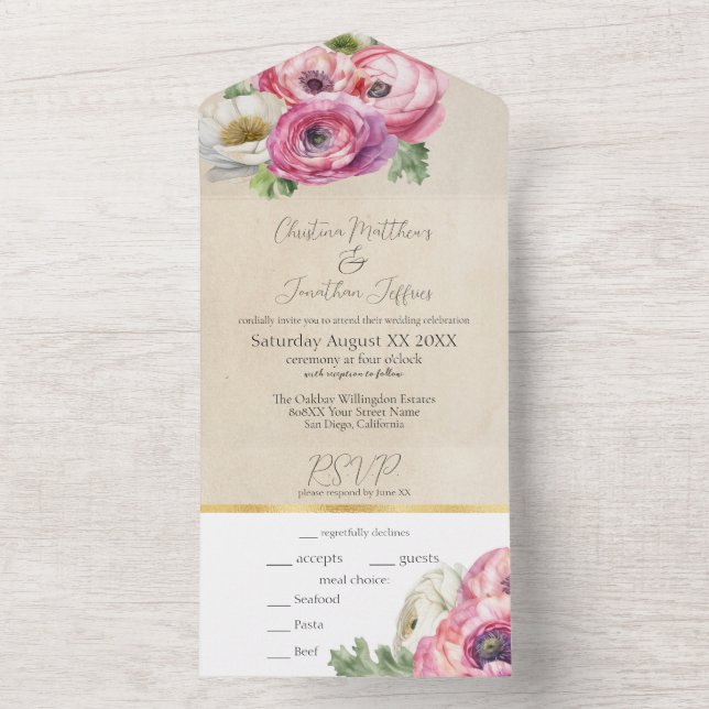 Invitación Todo En Uno Ranunculus rosado romántico en pergamino rústico (Interior)