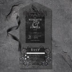 Invitación Todo En Uno Raven negro gótico Rosa negro sin cena con detalle