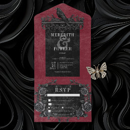 Invitación Todo En Uno Raven negro gótico y cena de vino Rosas negros