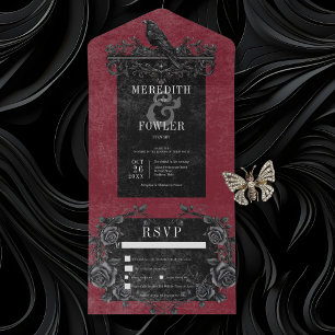 Invitación Todo En Uno Raven negro gótico y cena de vino Rosas negros