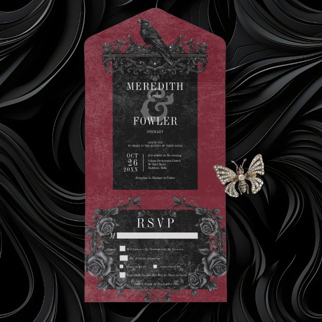 Invitación Todo En Uno Raven negro gótico y cena de vino Rosas negros (Gothic Black Rave & Black Roses Wine All In One Wedding Invitation with Dinner Options)