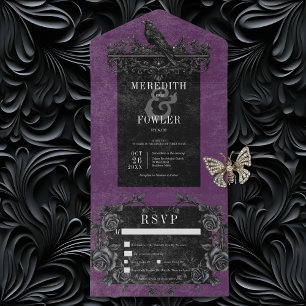 Invitación Todo En Uno Raven negro gótico y Rosas negros cena morada