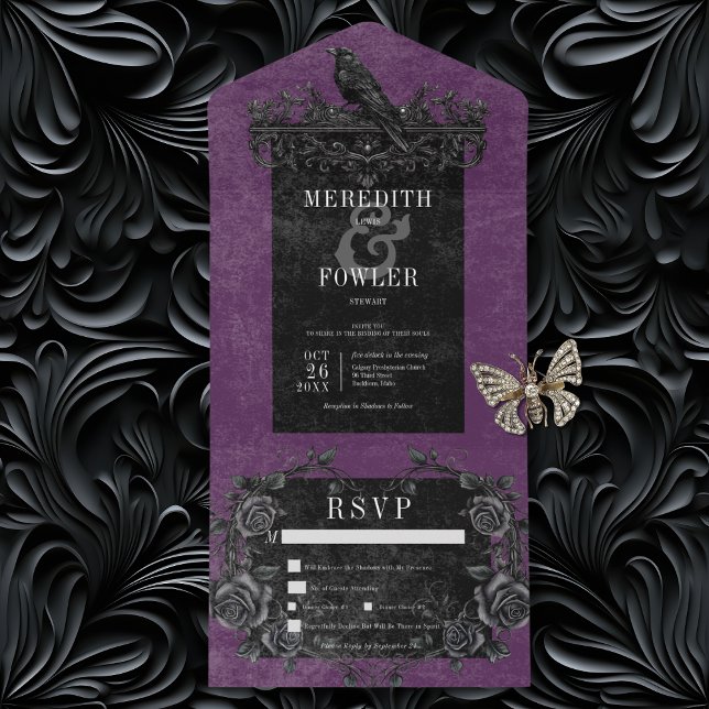 Invitación Todo En Uno Raven negro gótico y Rosas negros cena morada (Gothic Black Raven & Black Roses All In One Wedding Invitation with Dinner Options)