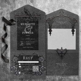 Invitación Todo En Uno Raven negro gótico y Rosas negros Código QR