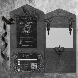 Invitación Todo En Uno Raven negro gótico y Rosas negros Código QR