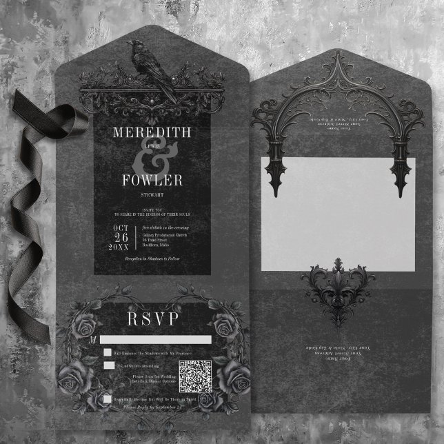 Invitación Todo En Uno Raven negro gótico y Rosas negros Código QR (Gothic Black Raven & Black Roses QR Code All In One Invitation with QR Code)