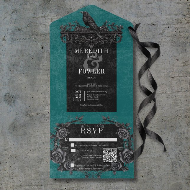 Invitación Todo En Uno Raven negro gótico y Rosas negros Código QR Verde  (Gothic Black Raven & Black Roses Teal QR Code All In One Invitation)