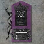 Invitación Todo En Uno Raven negro gótico y Rosas negros morado 3 cena<br><div class="desc">DISPONIBLE CON O SIN CÓDIGO QR O CON O SIN OPCIONES DE SELECCIÓN DE CENAS. Traslade a sus huéspedes a un mundo de oscuridad y encantadora elegancia con nuestra vintage invitación a bodas góticas. El fondo púrpura profundo y envejecido prepara el terreno para un sorprendente contraste, a medida que el...</div>
