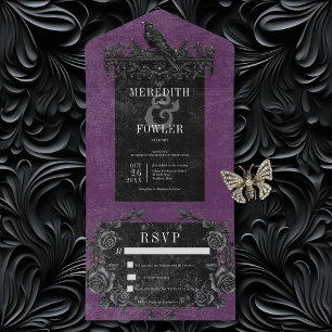 Invitación Todo En Uno Raven negro gótico y Rosas negros morados sin cena