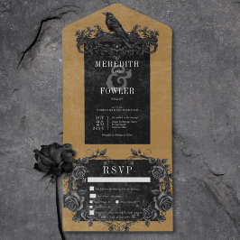 Invitación Todo En Uno Raven negro gótico y Rosas negros oro tres cenas