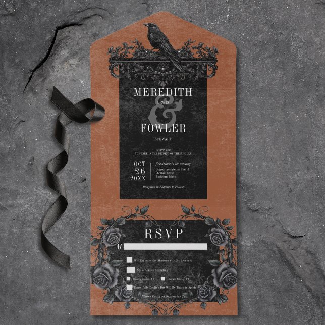 Invitación Todo En Uno Raven negro gótico y Rosas negros rust Dinner (Gothic Black Raven & Back Roses Rust All In One Wedding Invitation with Dinner Options)