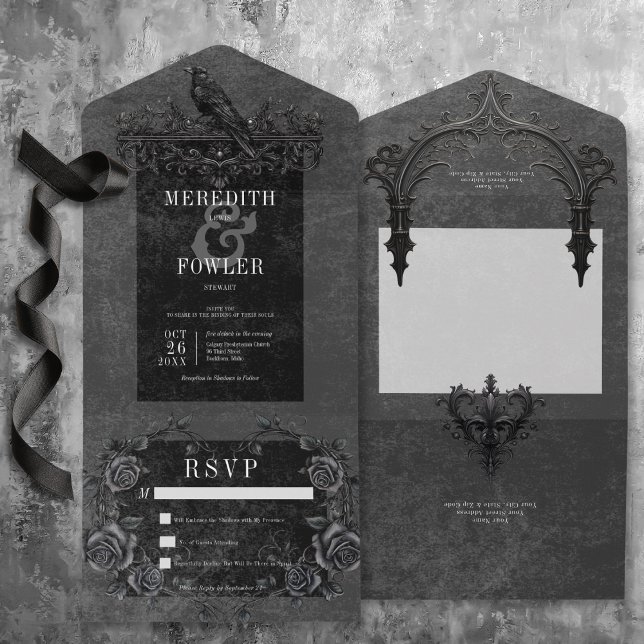 Invitación Todo En Uno Raven negro gótico y Rosas negros sin cena (Gothic Black Raven & Black Roses QR Code All In One Invitation without Dinner)