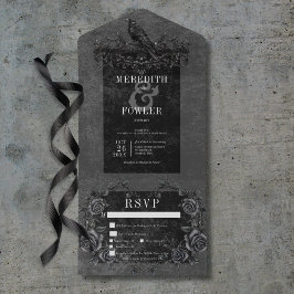 Invitación Todo En Uno Raven negro gótico y Rosas negros tres cenas