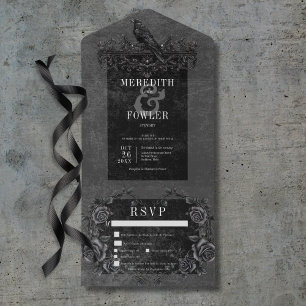 Invitación Todo En Uno Raven negro gótico y Rosas negros tres cenas