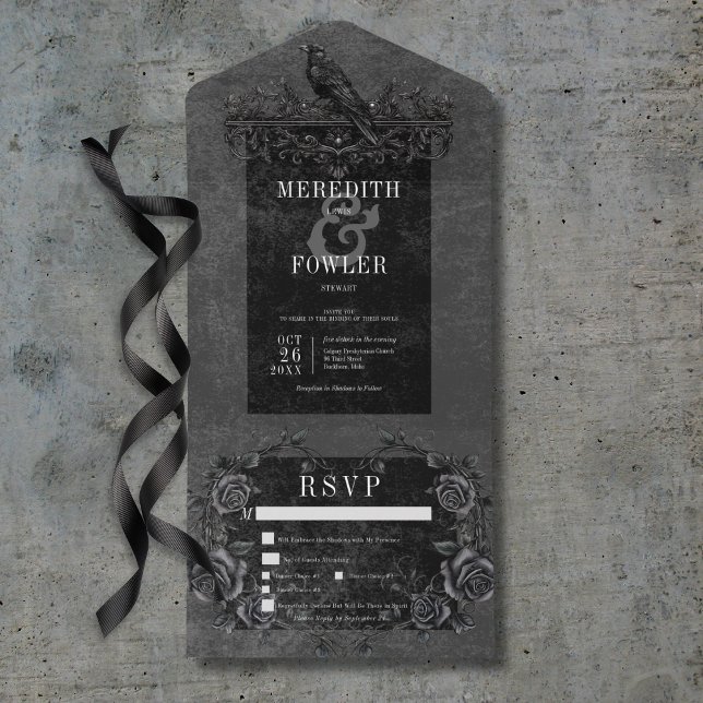 Invitación Todo En Uno Raven negro gótico y Rosas negros tres cenas (Gothic Black Raven & Black Roses Three Dinner All In One Invitation)