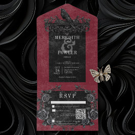 Invitación Todo En Uno Raven negro gótico y Rosas negros Wine QR Code