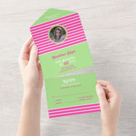 Invitación Todo En Uno Rayas de cumpleaños color rosa ⎮ verde blanco