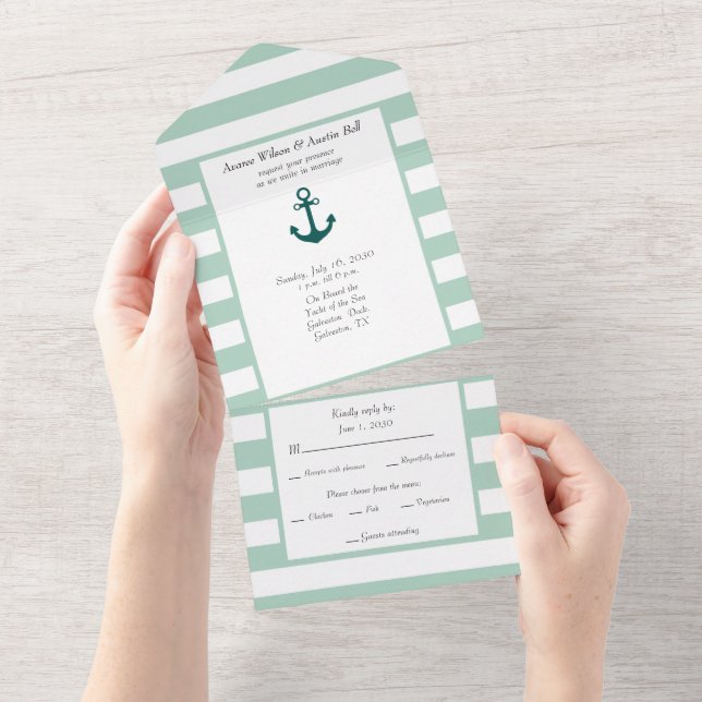 Invitación Todo En Uno Rayas verdes y blancas náuticas pasteles (desgarro)