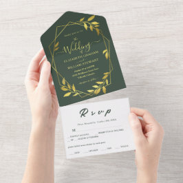 Invitación Todo En Uno Real Boda Botánico Elegante Geométrico Verde