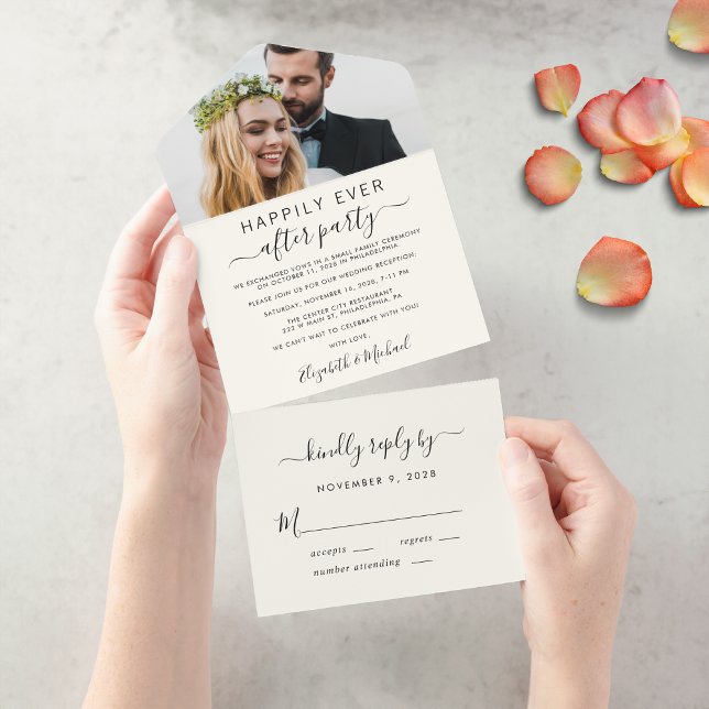 Invitación Todo En Uno Recepción de Boda con Foto Elegante Crema (From private vows to a grand party - invite family and friends to celebrate your marriage!)