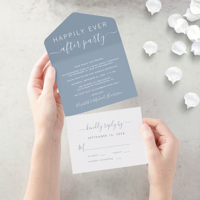 Invitación Todo En Uno Recepción de Boda Dusty Blue Felices para Siempre (An chic Happily Ever After Party all-in-one invitation for your wedding celebration)