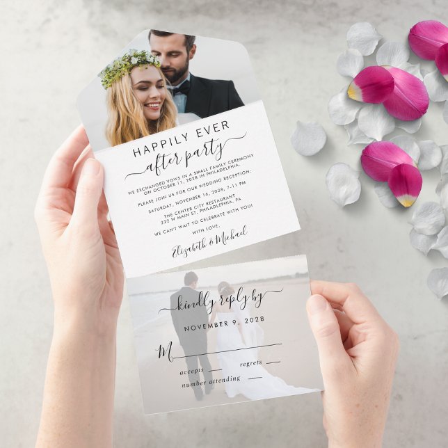 Invitación Todo En Uno Recepción de boda elegante de 2 fotos (An chic Happily Ever After Party all-in-one invitation for your wedding celebration)
