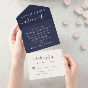 Invitación Todo En Uno Recepción de Boda Felices para Siempre Azul Marino
