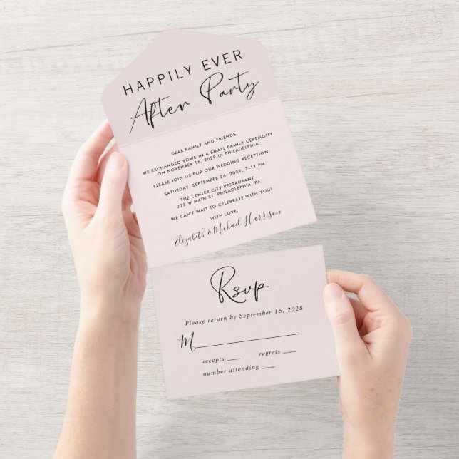 Invitación Todo En Uno Recepción Felices Para Siempre Boda Rosa (desgarro)