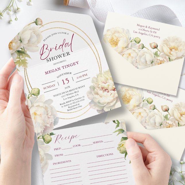 Invitación Todo En Uno Receta de ducha de novia de White Peony (Subido por el creador)