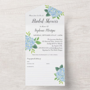 Invitación Todo En Uno Receta de ducha de novia Hidrangea Azul