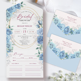 Invitación Todo En Uno Receta de Rosas Blue Bridal Shower