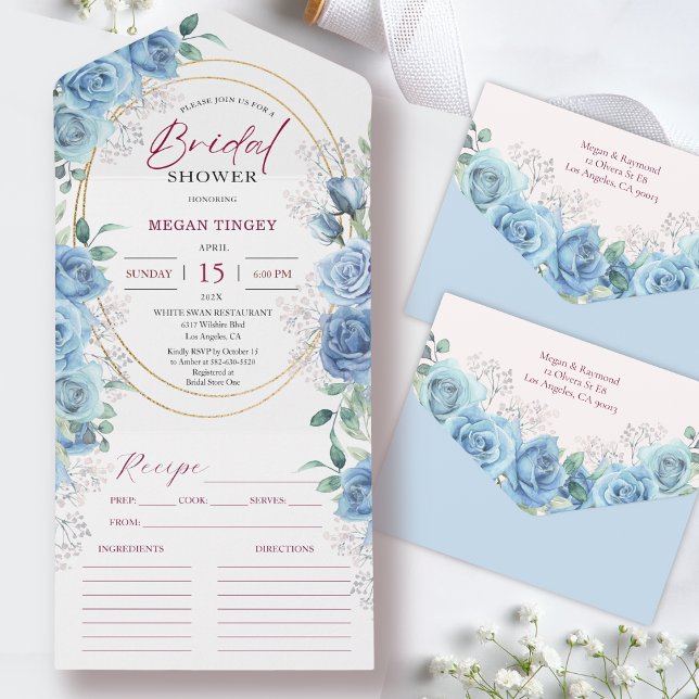 Invitación Todo En Uno Receta de Rosas Blue Bridal Shower (Subido por el creador)