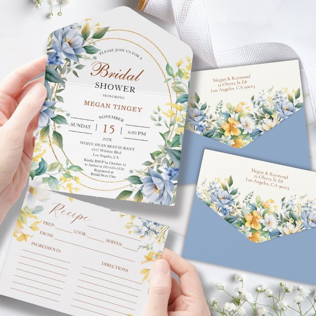 Invitación Todo En Uno Receta Dusty Blue Wildflower Bridal Shower (Subido por el creador)