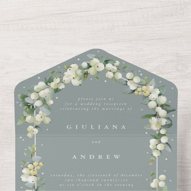 Invitación Todo En Uno Recién recepción de bodas de nieve verde + eucalip (Interior superior)