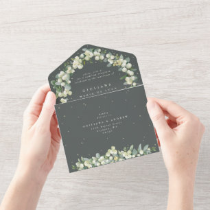 Invitación Todo En Uno Recién recepción de bodas de nieve verde + eucalip