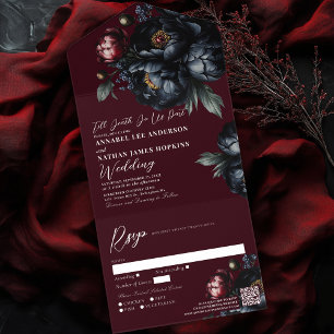 Invitación Todo En Uno Red Dark Moody Black Peony Boda gótico Código QR