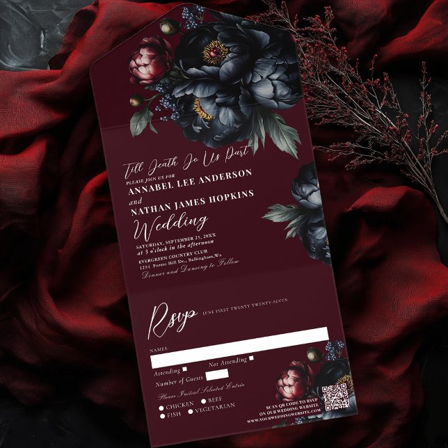 Invitación Todo En Uno Red Dark Moody Black Peony Boda gótico Código QR (Subido por el creador)