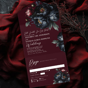 Invitación Todo En Uno Red Dark Moody Romántico Boda gótico Peony
