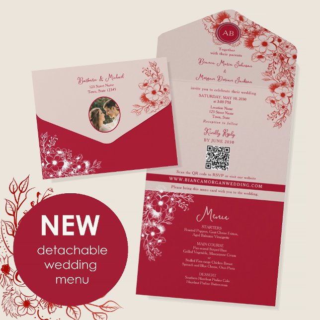 Invitación Todo En Uno Red Floral Photo Wedding (Subido por el creador)