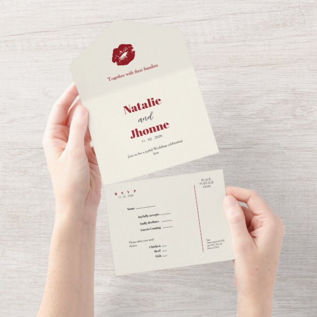 Invitación Todo En Uno red kisses message style RSVP Wedding All-i All In (desgarro)
