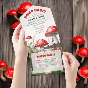 Invitación Todo En Uno Red Mushroom Fungi Woodland Baby Shower