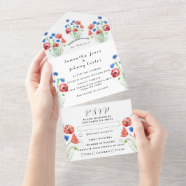 Invitación Todo En Uno Red Poppies Watercolor Script Floral Boda todo