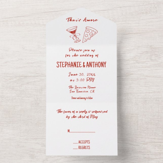 Invitación Todo En Uno Red Whimsical Pizza That's Amore Italian Wedding (Interior)