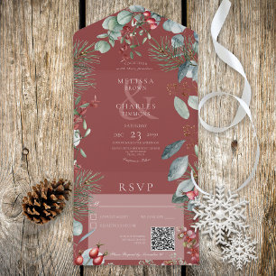 Invitación Todo En Uno Red Winter Pine Berries Eucalyptus QR Code