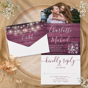 Invitación Todo En Uno Red Wood String Lights Mason Jars Photo Boda