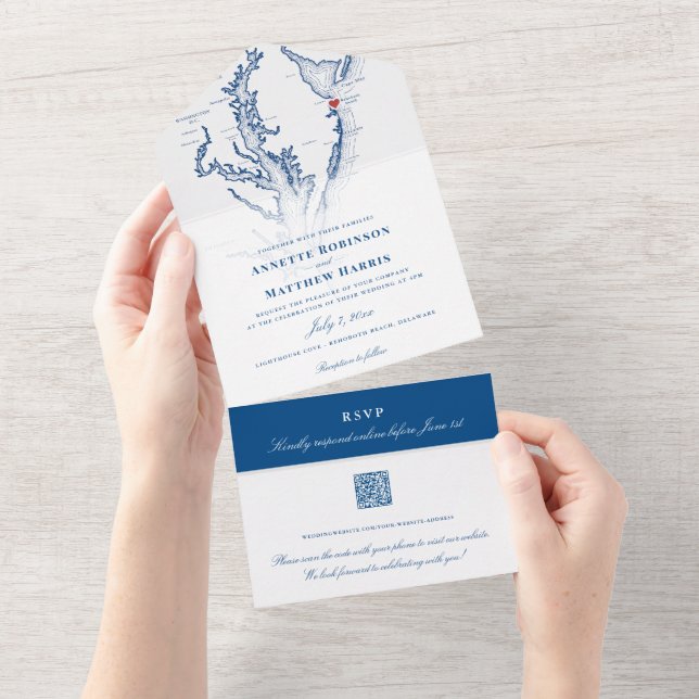 Invitación Todo En Uno Rehoboth Beach Wedding QR Sello de código y envío (desgarro)