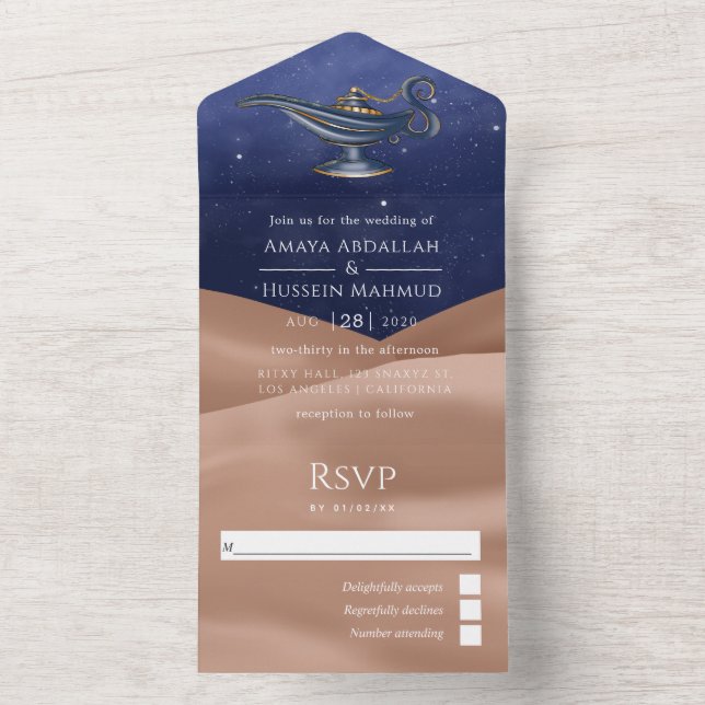 Invitación Todo En Uno Relieve metalizado del Desierto Cumpleaños Árabe T (Interior)