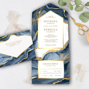 Invitación Todo En Uno Relieve metalizado dorado azul marino Resumen Boda