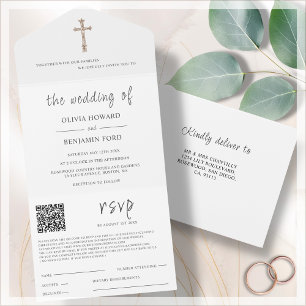 Invitación Todo En Uno Religioso blanco   Código QR Boda